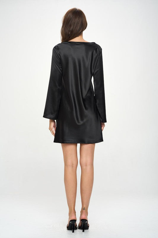 Satin Cowl Neck Long Sleeve Dress