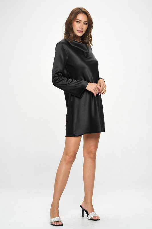Satin Cowl Neck Long Sleeve Dress