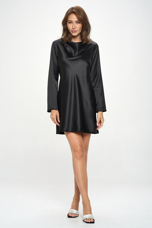Satin Cowl Neck Long Sleeve Dress